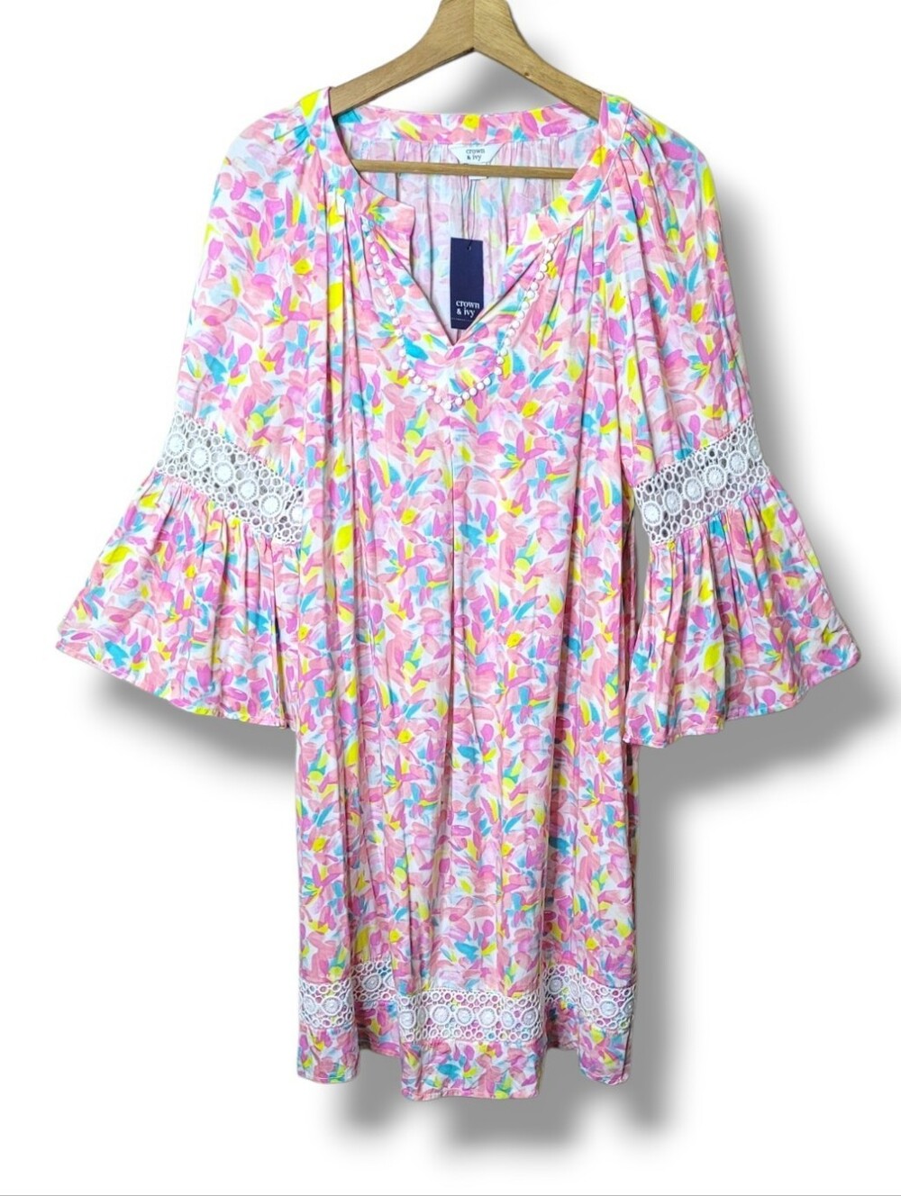 Crown & Ivy Floral Dress Size Large Preppy Crochet Trim NWT